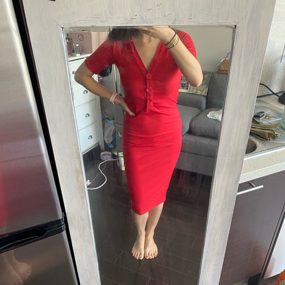 Zara red ribbed midi fitted dress - Picture 2 of 6